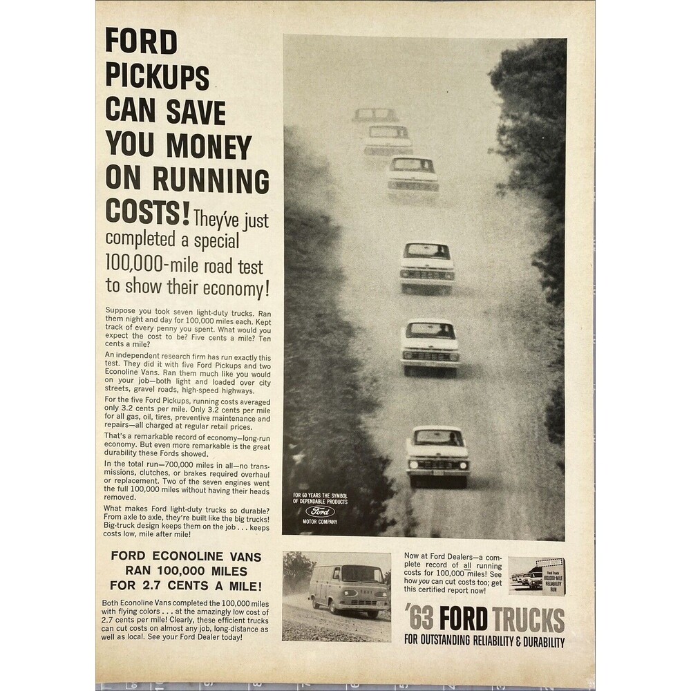 '63 Ford Trucks "For Outstanding Reliability & Durability" Vintage Print Ad 1963